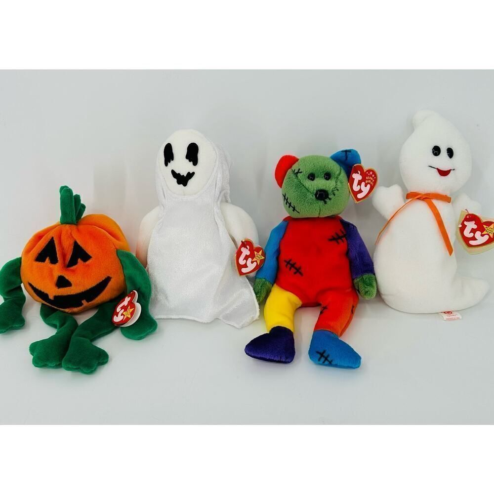 Ty Beanie Babies Halloween 2002 Frankenteddy Sheets Ghost Pumkin Spooky PVC
